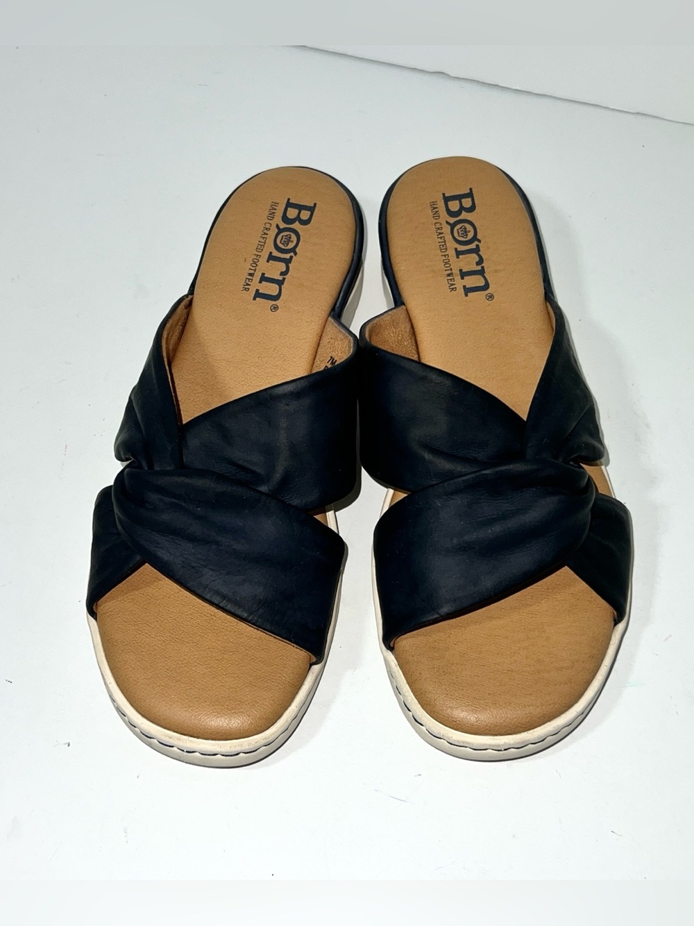 Børn Navy Blue Leather Twist Crisscross Slide Sandals Size 7M
